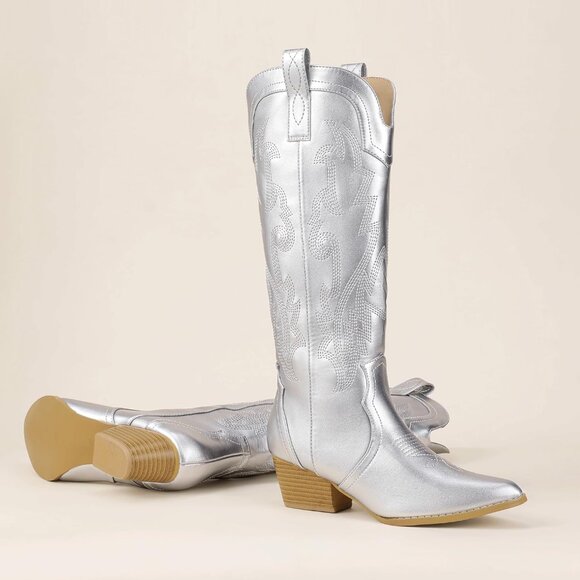 Women's Silver Cowgirl Knee High Western Boot Chunky Low Pointed Toe Booties - Picture 6 of 6